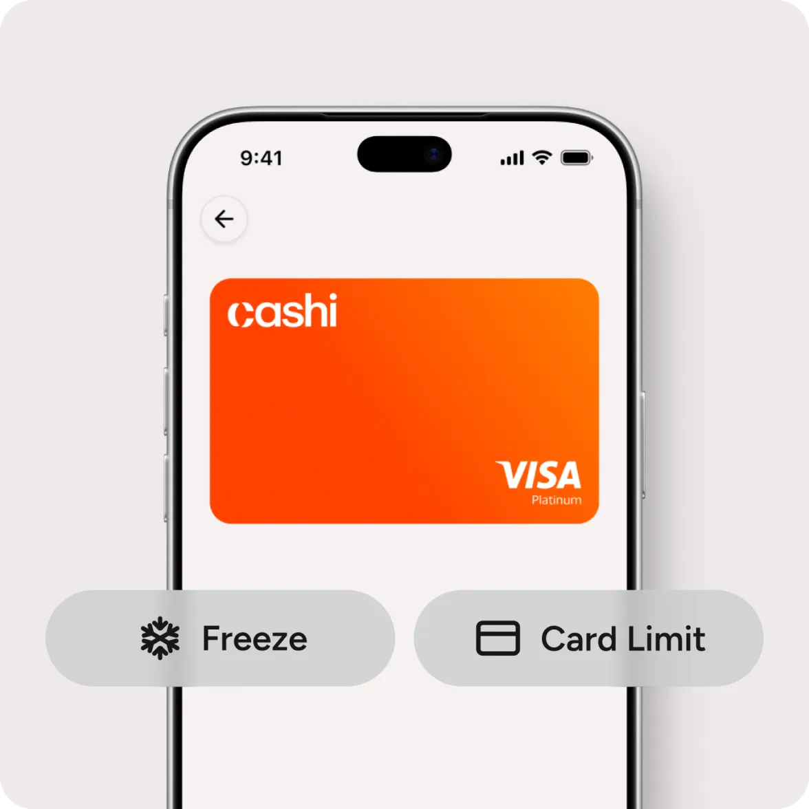 The Cashi card in the app, with Freeze and Card Limit controls
