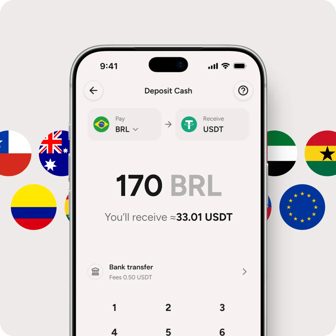 Depositing 170 BRL into Cashi to receive USDT, ringed by supported country flags