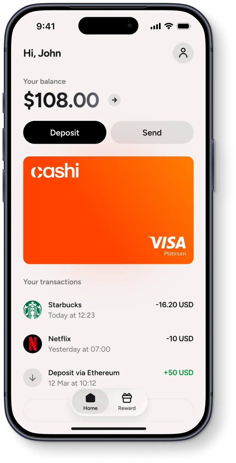 Cashi app showing balance and recent transactions
