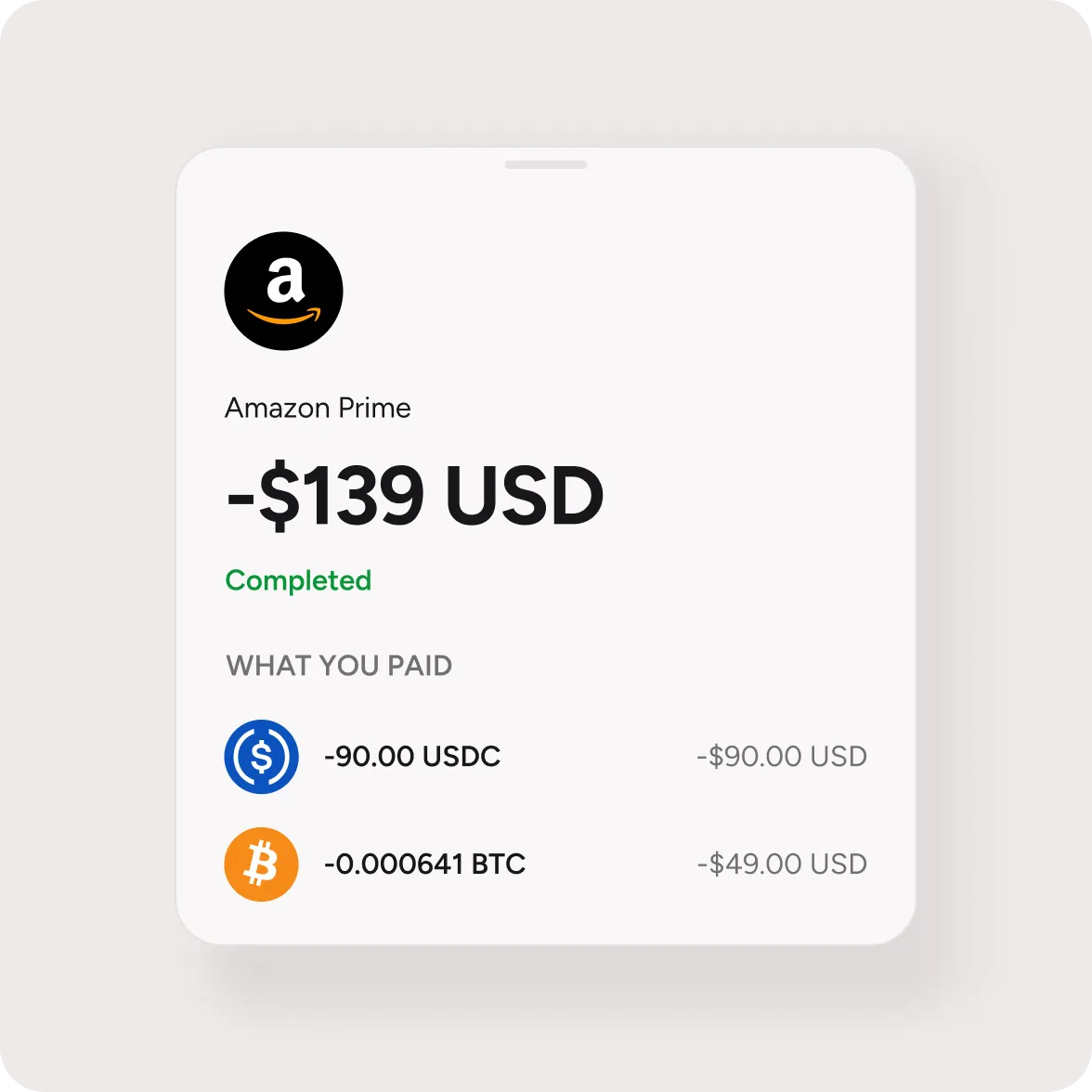 A completed $139 Amazon Prime payment, paid from a USDC and a Bitcoin balance