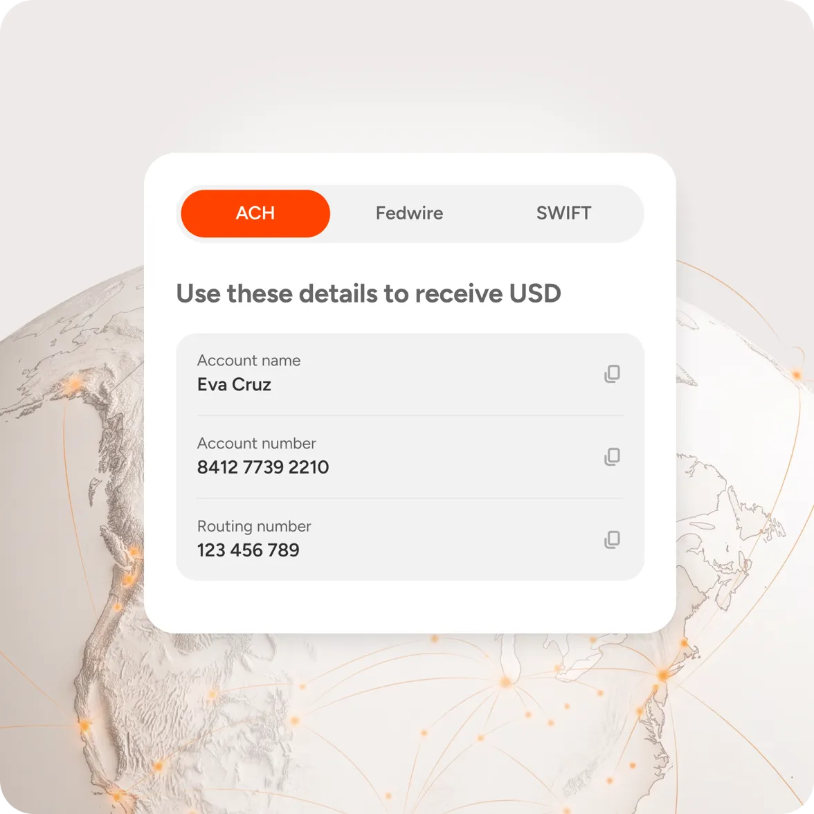 Cashi USD account details with ACH, Fedwire and SWIFT tabs, showing the account name, account number and routing number